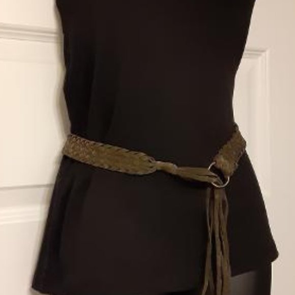 Brown Braided Woven Suede Leather Fringe Tie Belt - Picture 2 of 8
